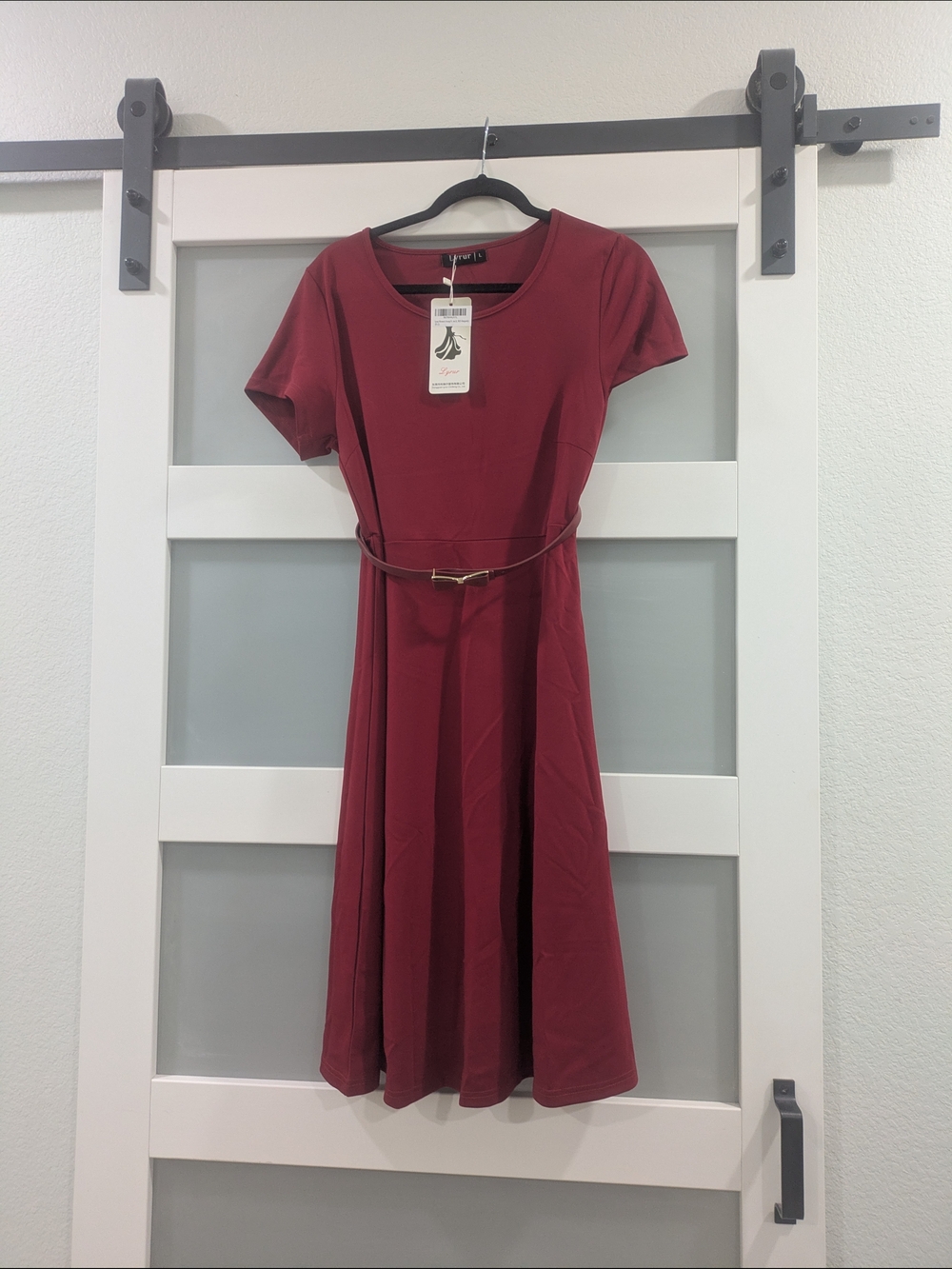 YRU Burgundy Fit-and-Flare Midi Dress with Belt